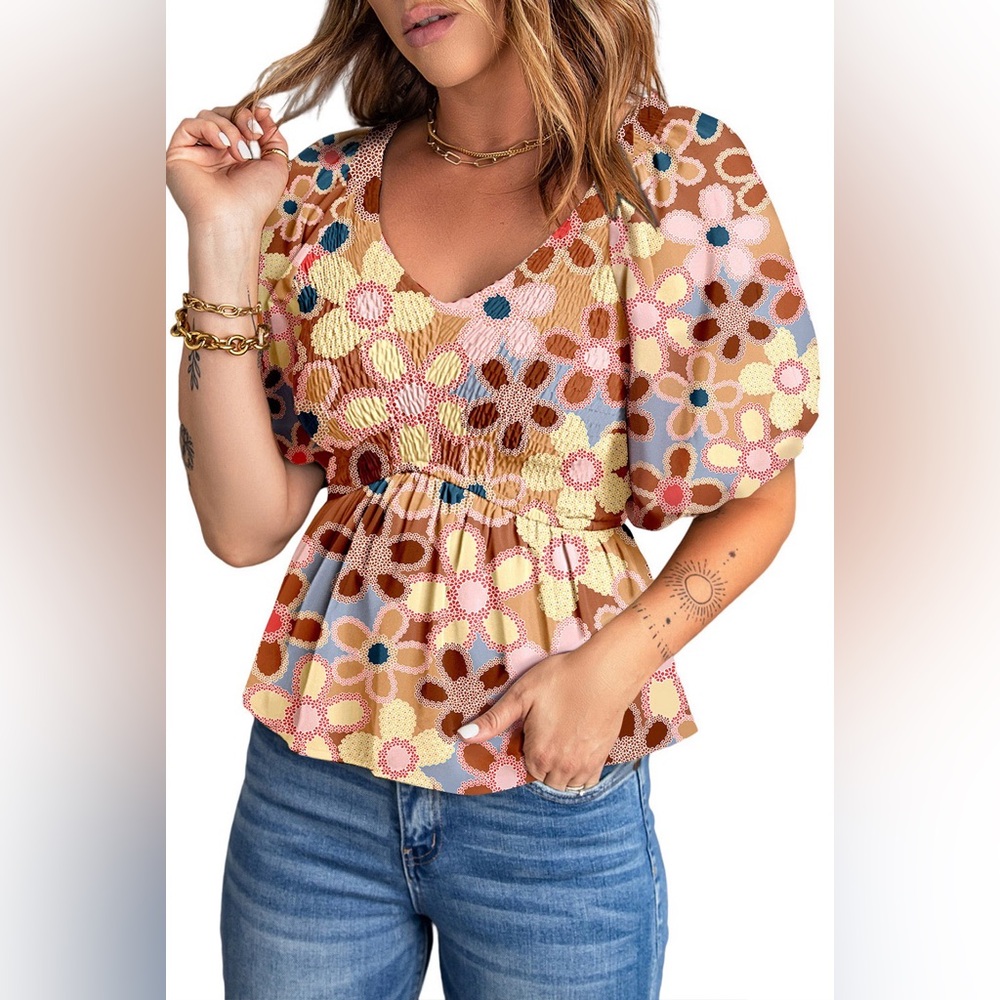 Smocked Peplum Blouse — Pink Multi Floral